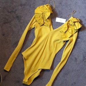 Mustard ruffle shoulder body suit